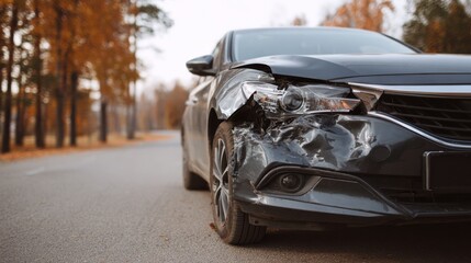 Front of a car is heavily damaged after a collision. The vehicle has a broken bumper and headlights. The road is empty and lined with trees in autumn foliage