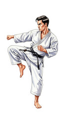 Dynamic Karateka Performing High Kick in Traditional Gi Outfit