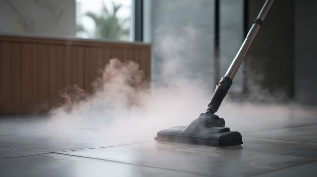 A steam cleaner actively sanitizes a tiled floor, releasing visible steam. The scene shows a focus on cleanliness in a professional environment. This setup emphasizes hygiene