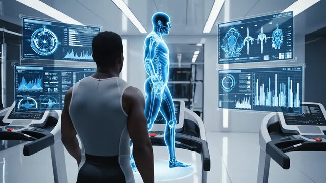 Man observing motion of futuristic human hologram in a high-tech laboratory with treadmills and screens.