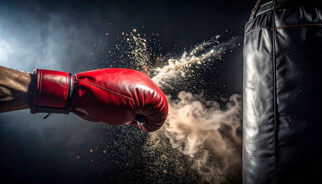 Close-up of a boxers red glove hitting a punching bag with dust and debris flying.