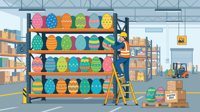 Warehouse worker on a ladder stocking shelves with colorful decorated Easter eggs, preparing for holiday season distribution and logistics vector illustration
