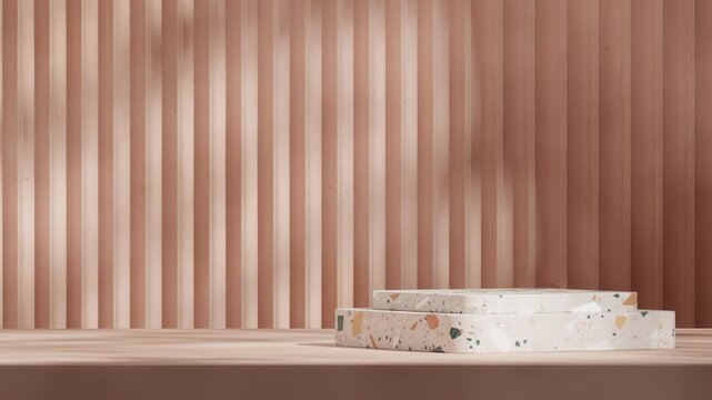 looping seamless shadow animation with brown color pattern wall, 3d video rendering empty scene of colorful terrazzo podium