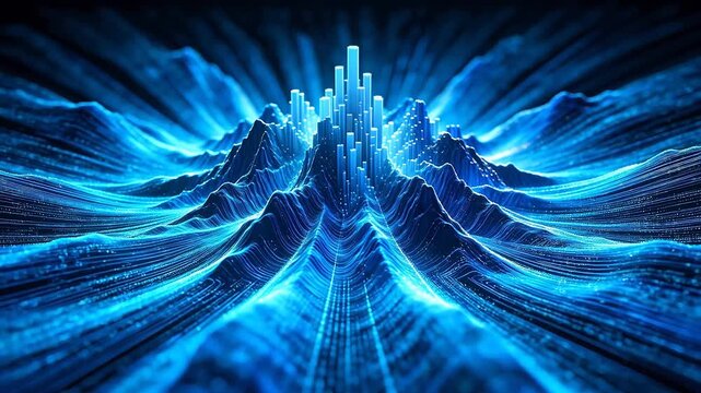 Digital blue cylinder mountain with glowing light data landscape