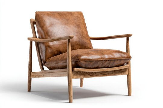 Brown Leather Armchair with Wood Frame.