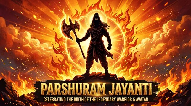 parshuram jayanti | parshuram janmotsav | bhagwan parshuram janmotsav | parshuram janmotsav &ndash; Fierce Lord Parshuram with flowing hair, battle axe, golden mandala and pillar background digital artwork