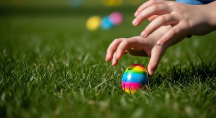 Easter Egg Hunt: A child's hand reaches for a colorful, decorated egg amidst lush green grass, evoking the excitement and anticipation of an Easter egg hunt.