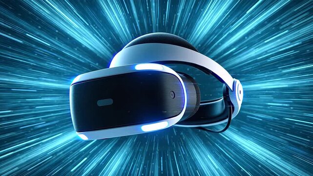 Virtual reality headset with blue glow on dark tech background