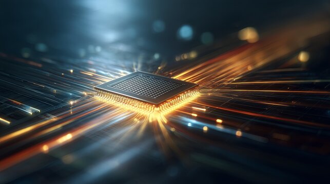 A glowing microprocessor sits centered with golden light trails radiating outward against a dark blue background. The scene suggests high-speed data processing.