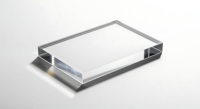 A clear glass or plastic rectangular prism object with a reflective metal frame sits on a white surface in a studio setting.