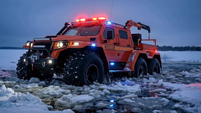 An emergency vehicle equipped for icy conditions moves across a frozen landscape. The lights on the vehicle flash as it travels through snow and ice, showcasing capability in harsh environments