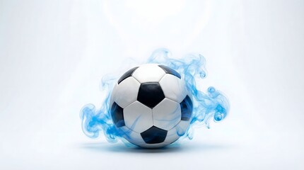 Fototapeta premium Soccer ball surrounded by vibrant blue smoke on bright background. Dynamic football energy concept for sports posters, banners and tournament promotion.