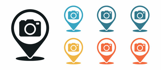 Camera photo map marker icons with photography location pin symbols for travel navigation and tourist attraction finder interface isolated vector illustration