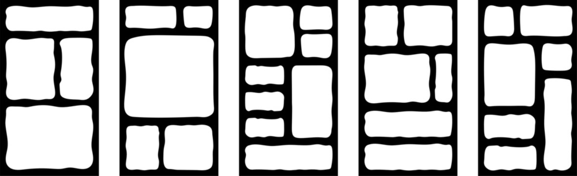 Organic irregular edge frame grid system, bento box style 9x16 rectangle set. Abstract wavy shapes for layout, social media template, collage banner, textbox, sticker, fluid contemporary design.