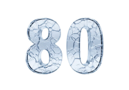 Icy number 80 with cracked glass texture presented on transparent background