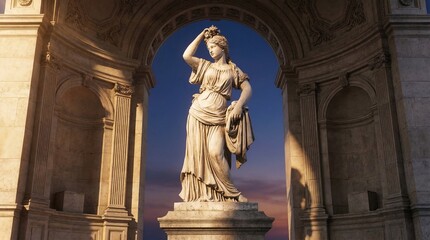 Obraz premium A classical stone statue of a woman standing within a grand arched architectural structure against a twilight sky.
