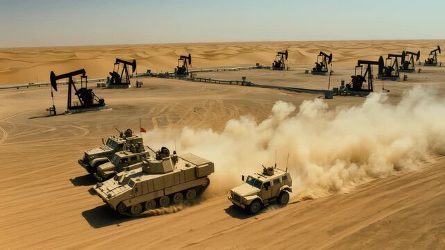 Military Convoy Driving Through Desert Oil Field With Pumpjacks And Dust