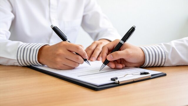 Business partners signing contract document,close up of hands with pens on agreement paper,corporate deal approval and legal paperwork completion concept