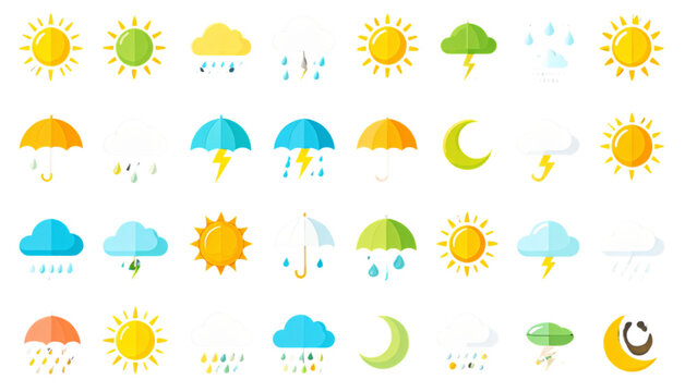 Colorful Weather Icons Set Representing Sun Clouds Rain Lightning Snow Storm Fog Tornado and Moon for Meteorological Forecast and Climate Climate Design