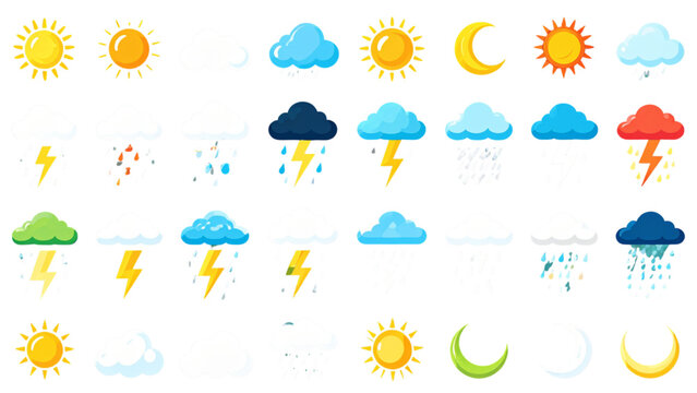 Colorful Weather Icons Set Representing Sun Clouds Rain Lightning Snow Storm Fog Tornado and Moon for Meteorological Forecast and Climate Climate Design