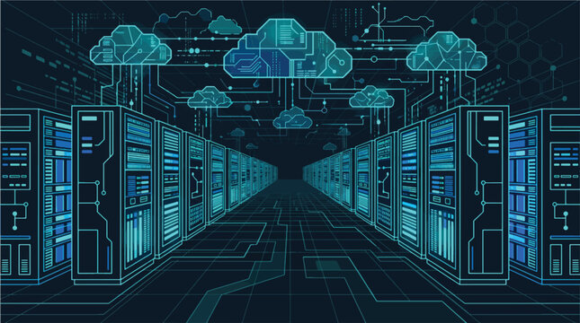 Futuristic digital cloud computing data center server room vector illustration with glowing blue circuit lines and network connections, ideal for technology, cybersecurity