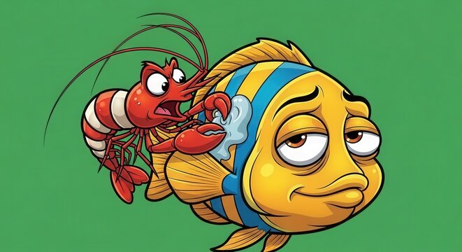 Animated Cartoon Fish and Lobster Interaction on Green Background