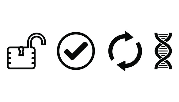 Four black outline icons depicting a lock checkmark arrows and dna strand