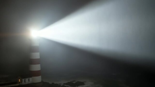 Majestic lighthouse beams light through foggy night, guiding ships near rocky coastline