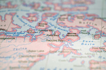 Obraz premium Pelly Bay Nunavut Canada Location on World Map with Defocused Geography Background