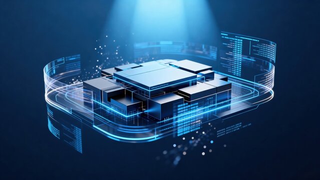 Futuristic digital data center with glowing blue circuits and holographic interface elements