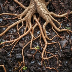Fototapeta premium complex network of plant roots twisting through soil, organic patterns, rich earth textures, water droplets, small insects living around roots, 