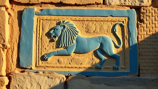 babylonian. Ancient Babylonian wall fragment with a blue glazed brick lion relief. event programs, museum guides, designed for cultural heritage projects and event programs, preserves heritage.