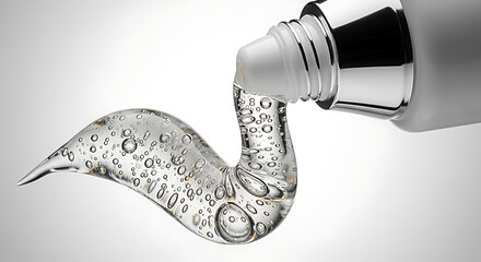 Macro close-up of hydrating gel texture being dispensed from tube. Hyaluronic acid molecules, skincare ingredient focus, clean white background
