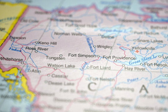 Fort Simpson Northwest Territories Canada Location on World Map with Defocused Geography Background