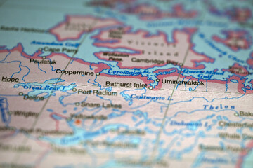 Naklejka premium Bathurst Inlet Nunavut Canada Location on World Map with Defocused Geography Background