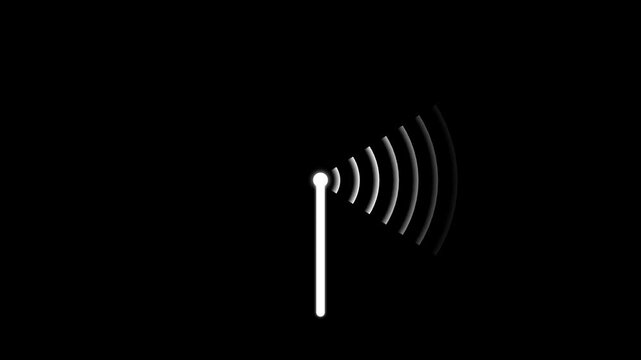 Antenna signal animation with radio waves broadcasting from central tower on black background for telecommunication concepts wireless network transmission and digital connectivity technology.