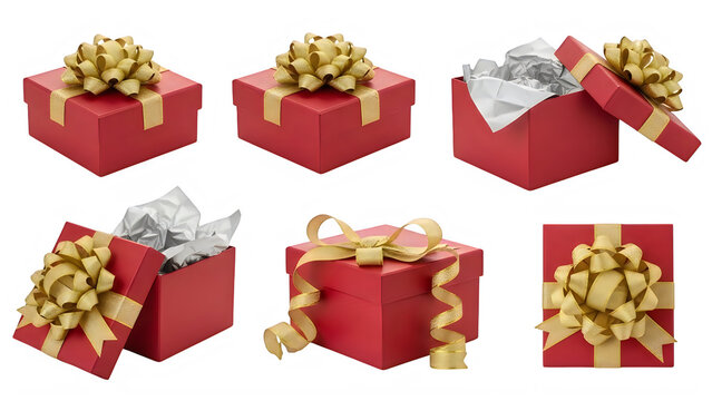 Six colorful gift boxes wrapped with festive red and gold ribbons and bows isolated on transparent background