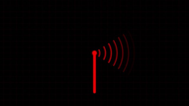 Antenna signal animation with radio waves broadcasting from central tower on black background for telecommunication concepts wireless network transmission and digital connectivity technology.