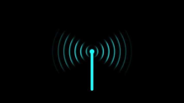 Antenna signal animation with radio waves broadcasting from central tower on black background for telecommunication concepts wireless network transmission and digital connectivity technology.