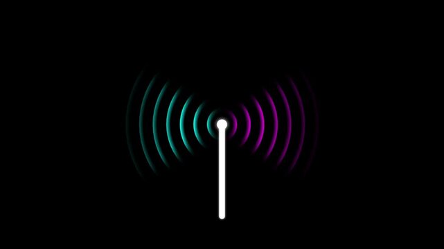 Antenna signal animation with radio waves broadcasting from central tower on black background for telecommunication concepts wireless network transmission and digital connectivity technology.