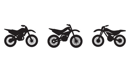 Obraz premium Three black silhouette motocross bikes with knobby tires in different positions on white background motorbike silhouettes