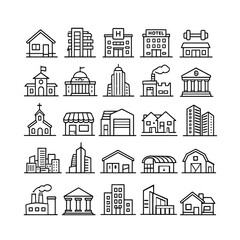 Fototapeta premium Architecture and Building Line Icons Set, City Buildings, Real Estate and Construction Outline Vector Icons