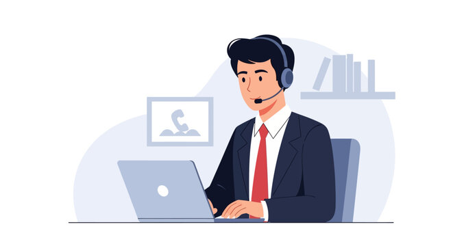 Vector illustration of a professional male customer service representative wearing a suit and headset while working on a laptop computer in a minimalist office setting with a red tie.