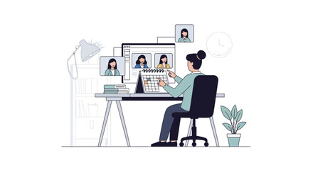 Fototapeta premium Vector illustration of a woman sitting at a desk coordinating a remote team meeting on a computer screen while pointing at a flip calendar to plan project tasks and deadlines.