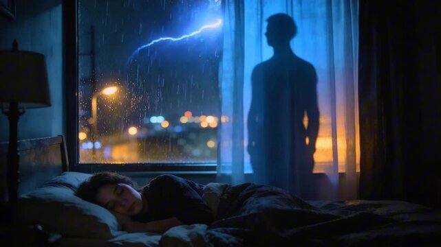 Nightmare concept with tall shadow figure behind curtain at rainy window