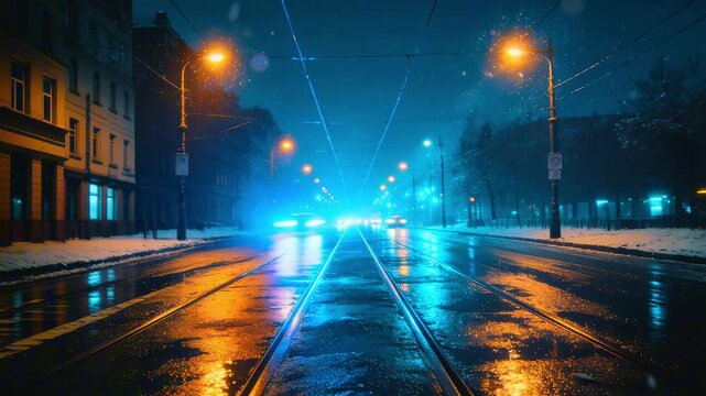 Night street timelapse with wet tram rails, teal and amber neon reflections, signs unreadable