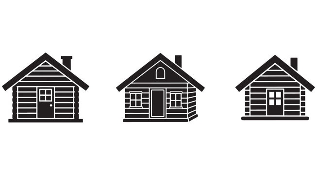 Three simple log cabin house designs with gable roofs and chimneys  isolated on white background