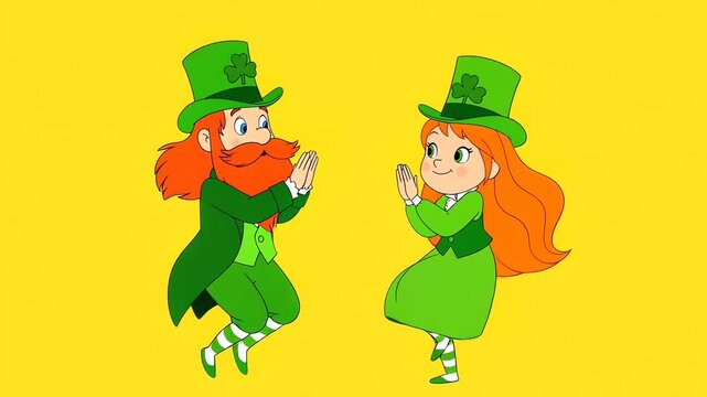 Dancing Leprechauns Celebrating St Patrick Day on Yellow Background