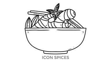 Obraz premium A black and white line art illustration of a bowl filled with various aromatic spices like star anise, cinnamon sticks, and bay leaves, on a white background.