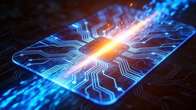 Transparent circuit board with blue glowing lines and central chip